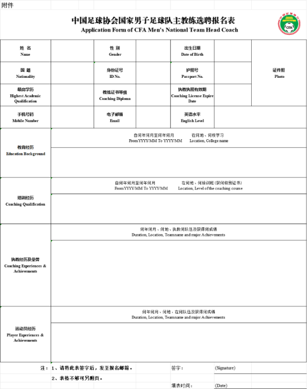 第一资本 中国足协将公开选聘国家男子足球队主教练